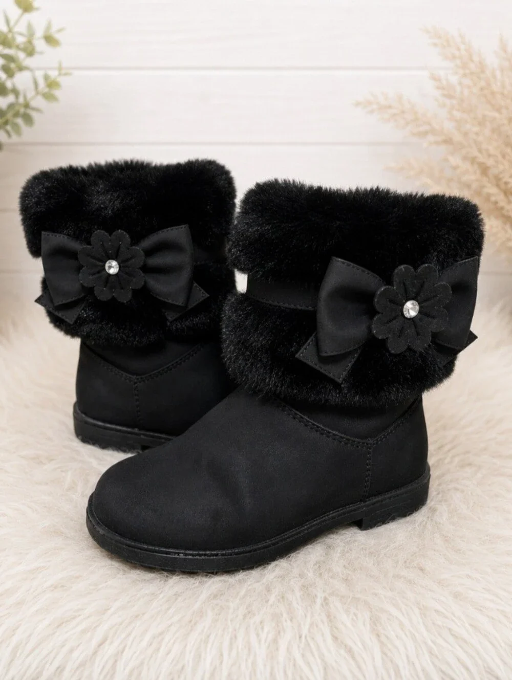 Rachel Shoes Harmoni Girls Black Faux Fur Bow Winter Boots, Size 9 Toddler